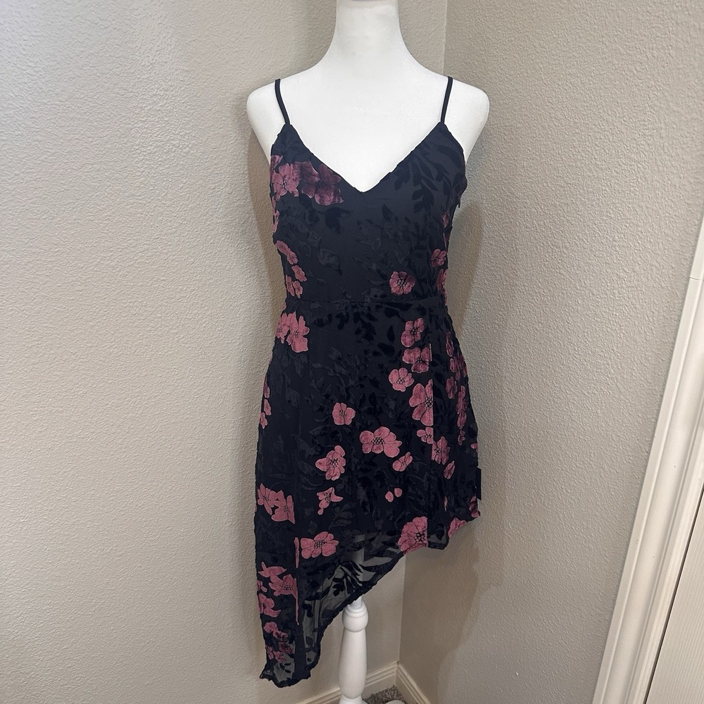 Lulus Evenings With You Floral‎ Asymmetrical Dress Sm Pink Black Burnout Velvet